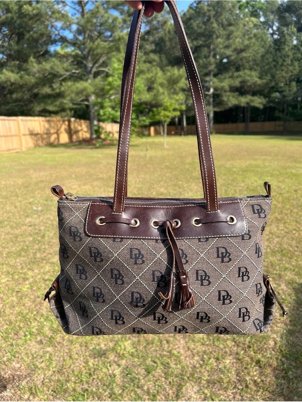 Dooney & Bourke Brown Logo Jacquard Drawstring Shoulder Tote